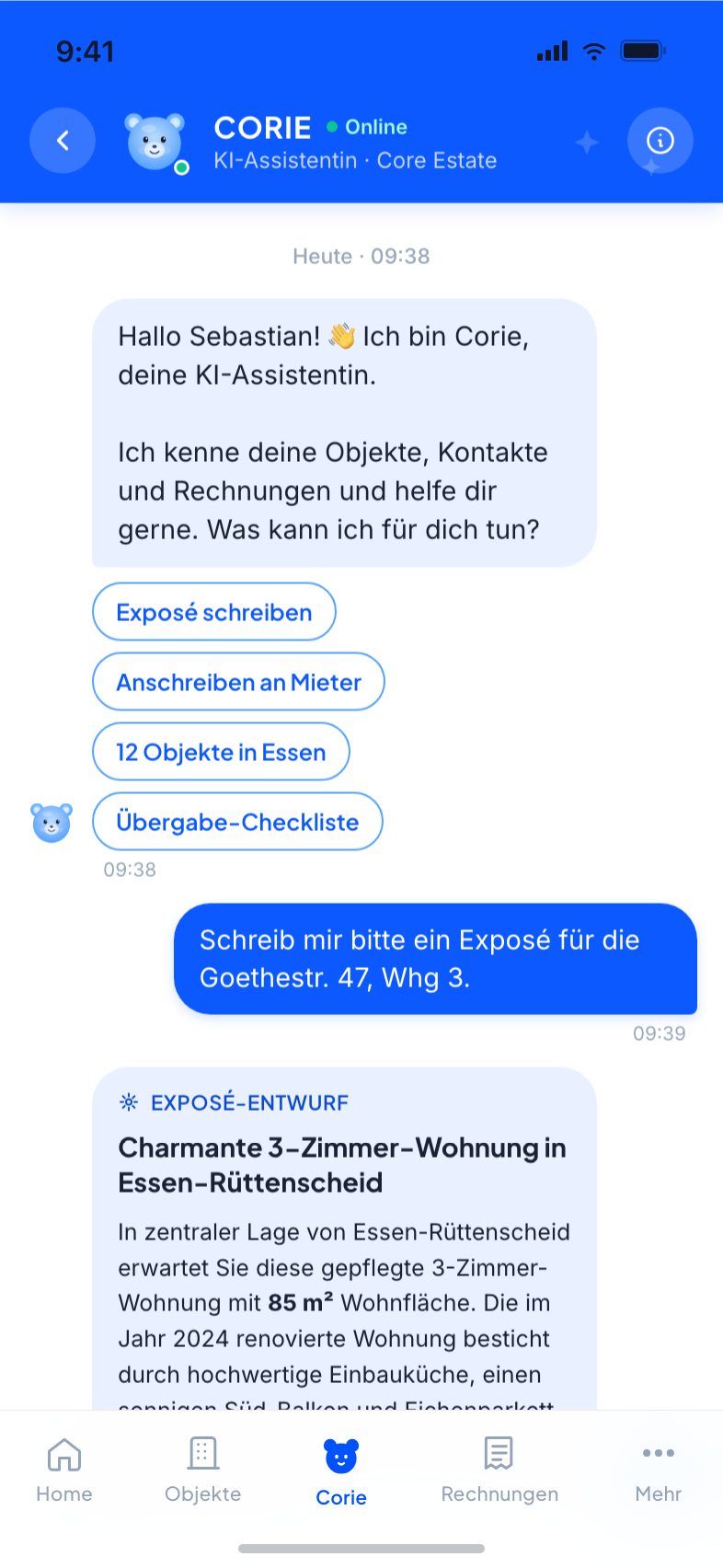 Corie KI-Assistentin — Exposé-Texte und Datenabfragen in natürlicher Sprache