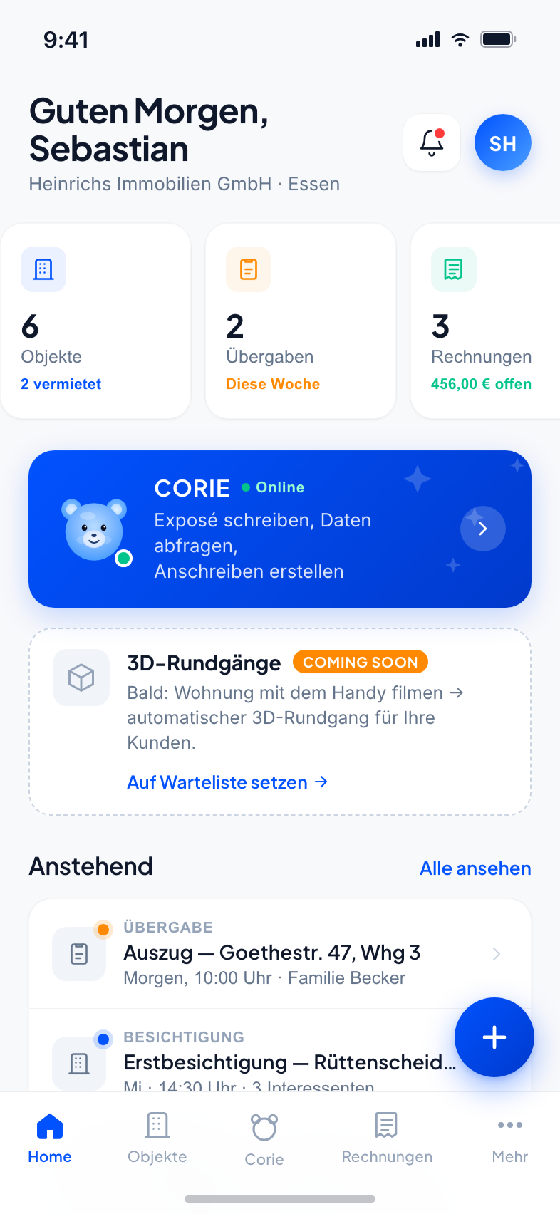 Core Estate App — Dashboard auf dem Smartphone