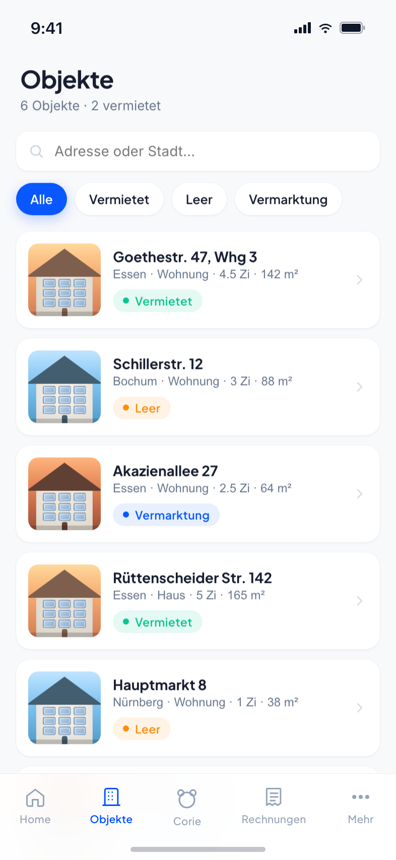 Core Estate Objektliste — alle Immobilien mit Vermietungsstatus auf einen Blick