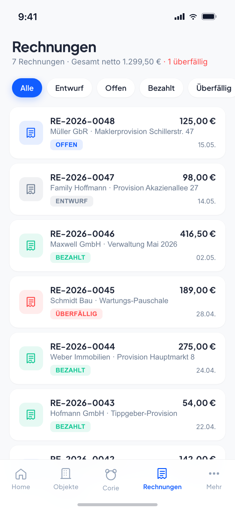 Core Estate Rechnungen — Provisionsverwaltung mit ZUGFeRD und DATEV-Export