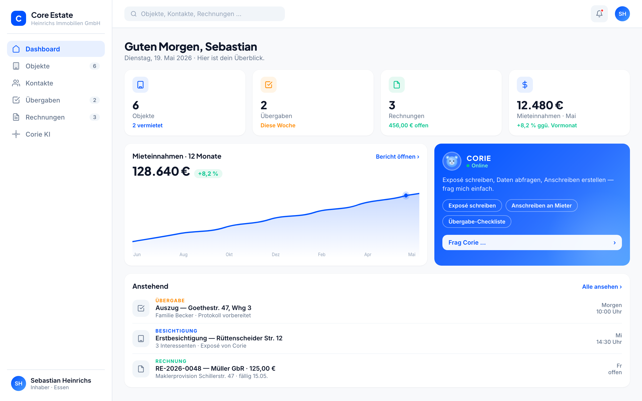 Core Estate Web-App — Dashboard mit Objekten, Übergaben, Rechnungen und Mieteinnahmen